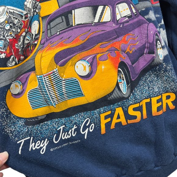VINTAGE 90's UNISEX Blue Speed Limit Seventy "Old Chevy's Never Die" Pullover - Picture 3 of 8